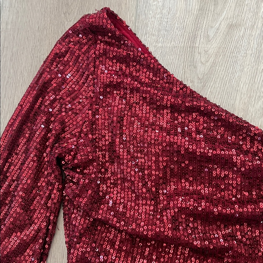 Lucy in the Sky Dark Red Elegant One-Shoulder Sequin Mini Dress Size Small - Picture 5 of 10